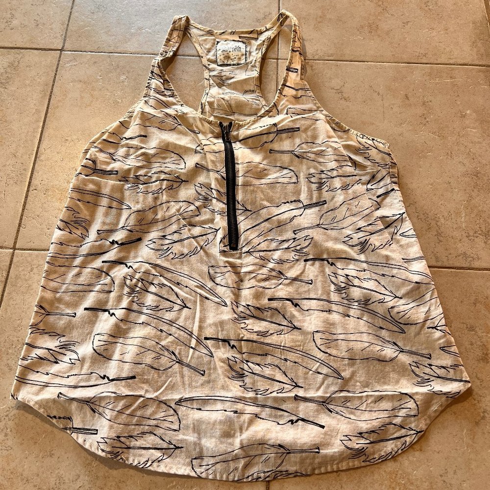 Feather Pattern Cream Racerback Tank Top with Zipper Front Detail